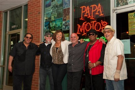 The whole crew at Papa Mojo's Roadhouse in Durham, NC  .... L to R - Freddie Salem, of The Outlaws (our guitarist), Mike, Me, Mel Melton (owner of Papa Mojo's & AMAZING harp player who jammed with us), Step, Steve Calabria (bass).