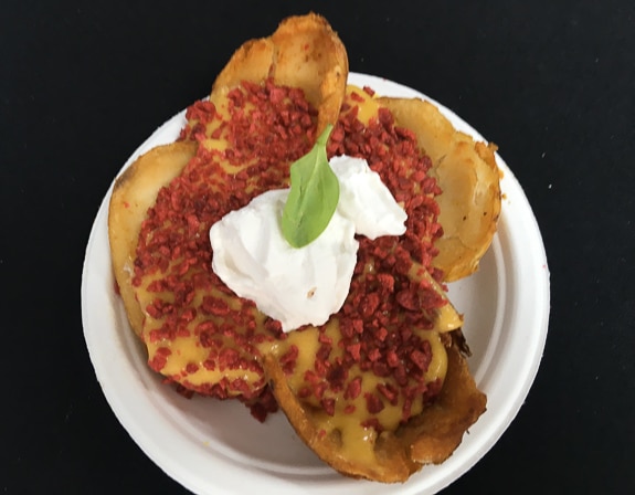Potato Skins with "cheeze" and "bacon" bits served at Fork My Life vegan restaurant in Sarasota, FL